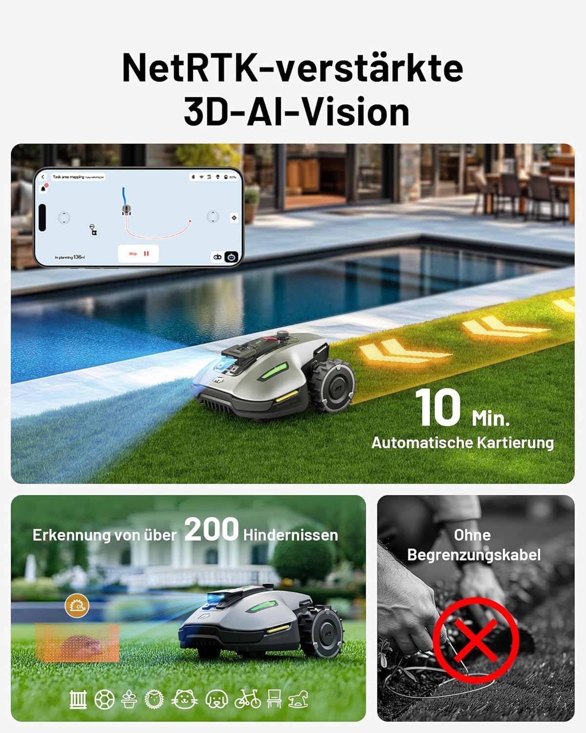 MAMMOTION YUKA Mini 700 Mähroboter ohne Begrenzungskabel, NetRTK+Vision, Keine RTK-Antenne erforderlich, Auto-Kartierung, Empf. 700m² (YUKA mini 700&Trennscheibe)