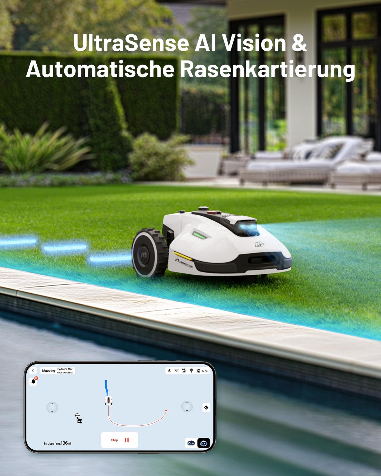 MAMMOTION YUKA 2000 Mähroboter mit Kehrmaschine, Max. 2800m², NetRTK+Vision, Keine RTK-Antenne erforderlich, Auto-Kartierung, Empf. 2000m², Rasenmähroboter mit 4G-Modul, 50% Steigung