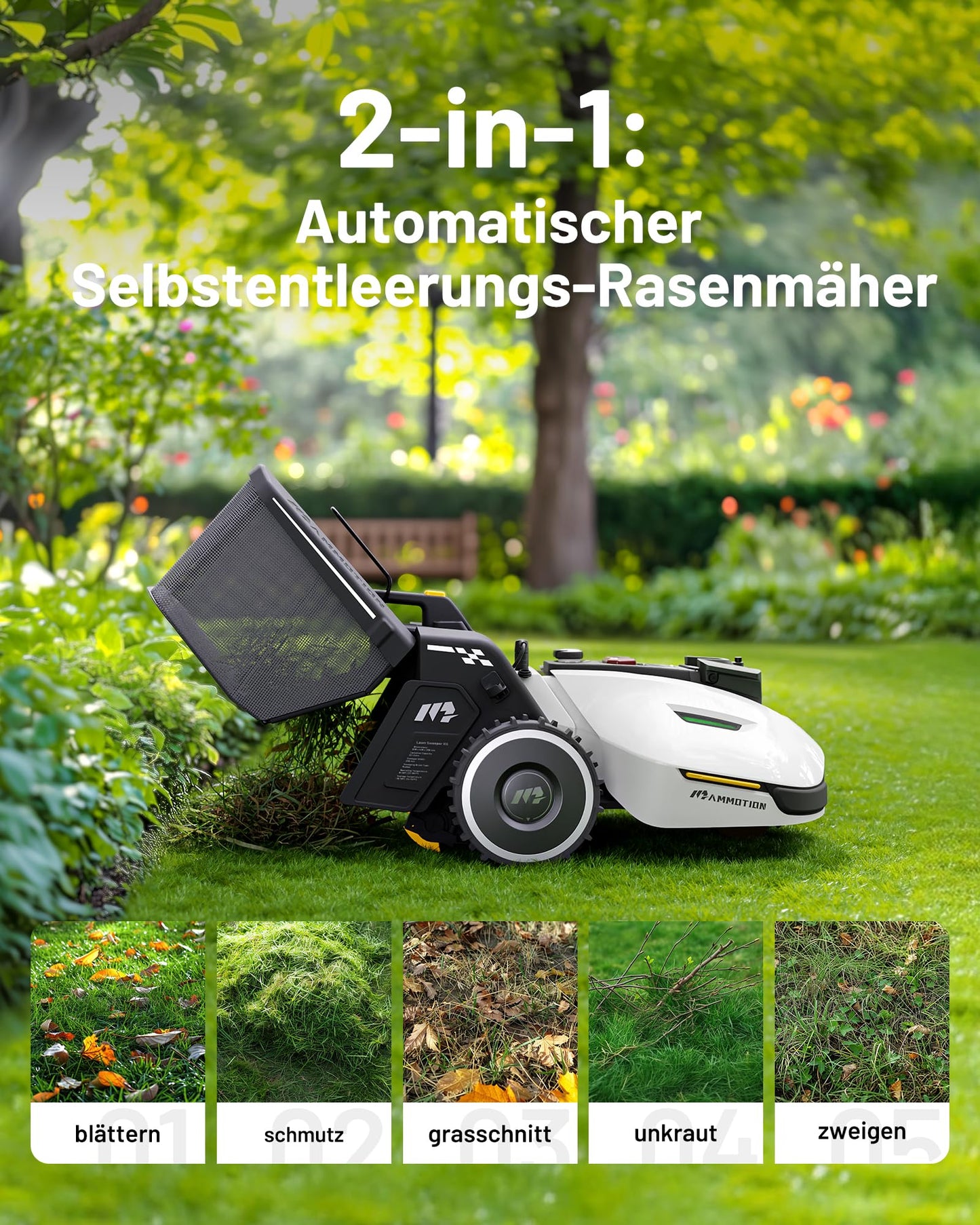MAMMOTION YUKA 2000 Mähroboter mit Kehrmaschine, Max. 2800m², NetRTK+Vision, Keine RTK-Antenne erforderlich, Auto-Kartierung, Empf. 2000m², Rasenmähroboter mit 4G-Modul, 50% Steigung